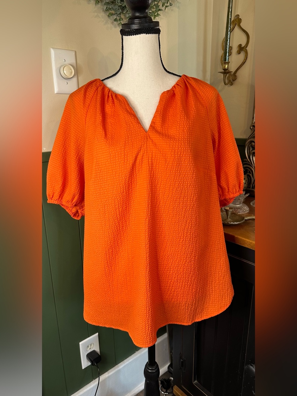Talbots Seersucker Elbow Sleeve Top Orange Medium